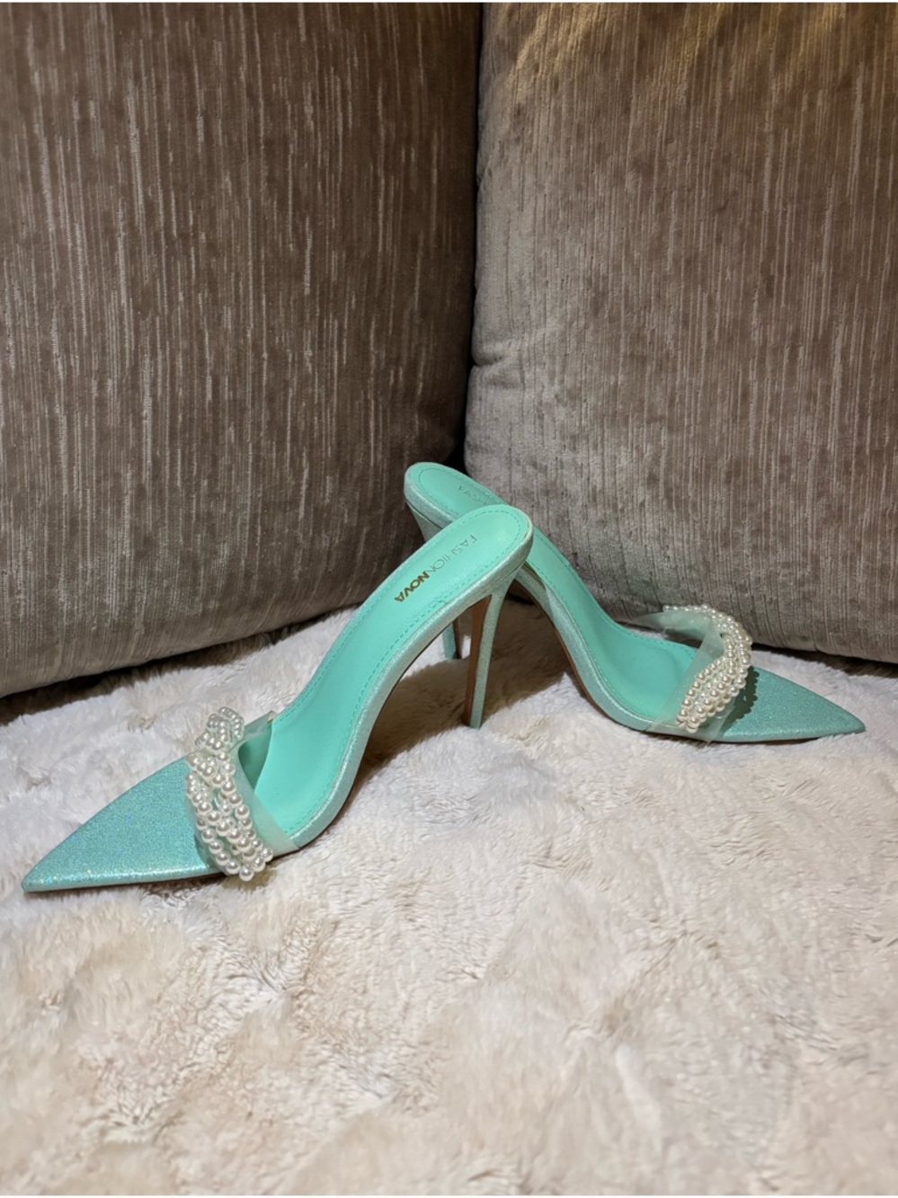 Mint Green Pearl-Strap Pointed Stiletto Heels